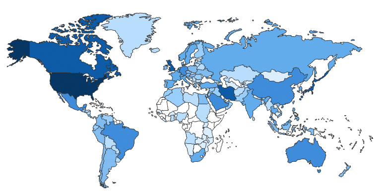 위 지도에서 2013년 전 세계적으로 프리타임 사용량을 보여준다. 
